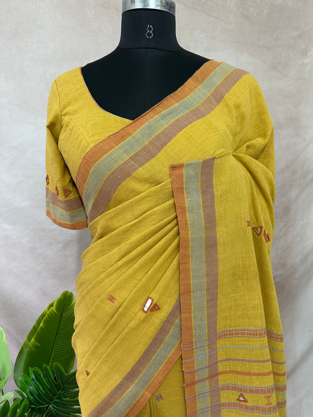 Organic Kala cotton handloom saree with mirror work , stitched blouse