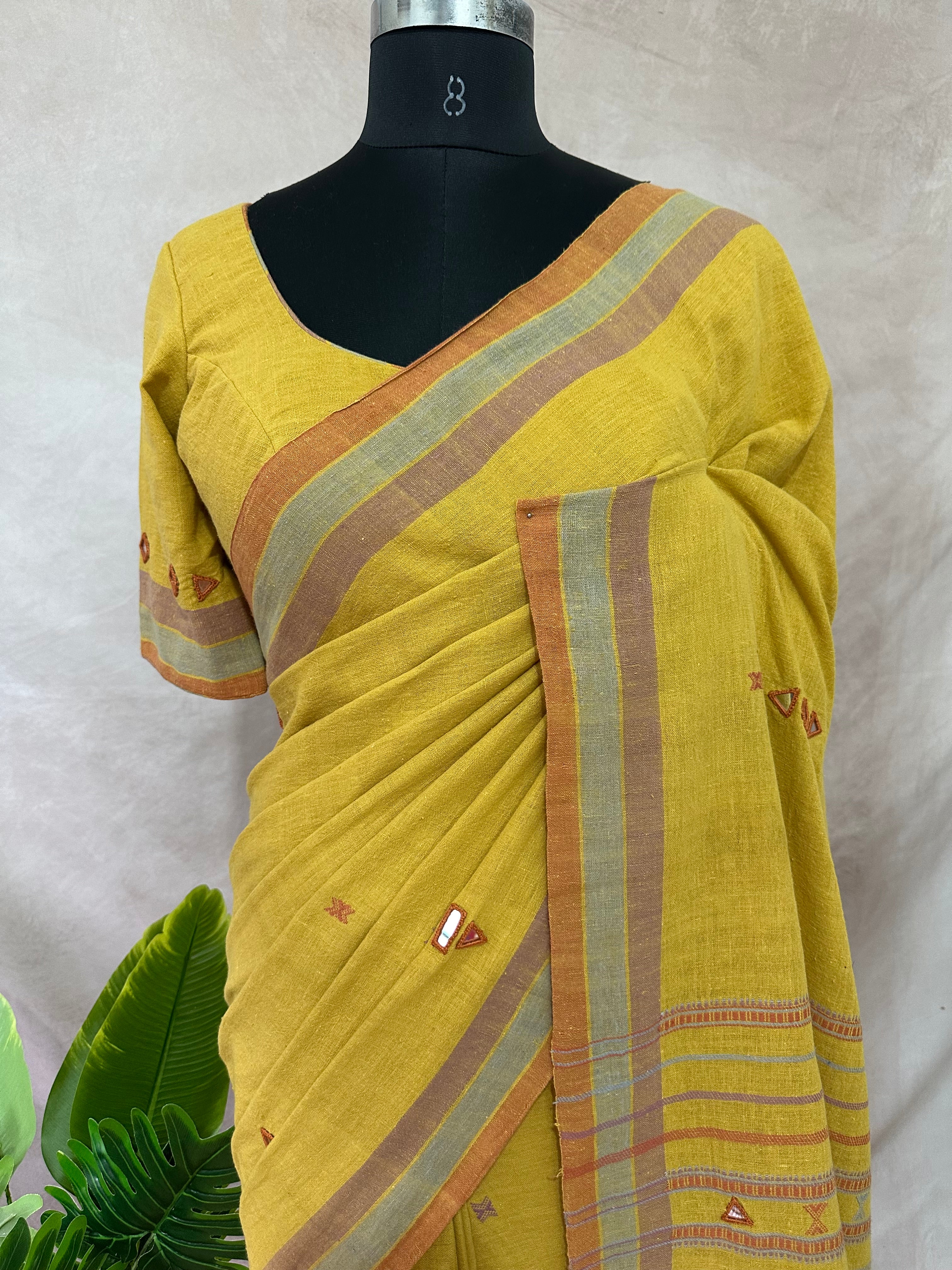 Organic Kala cotton handloom saree with mirror work , stitched blouse