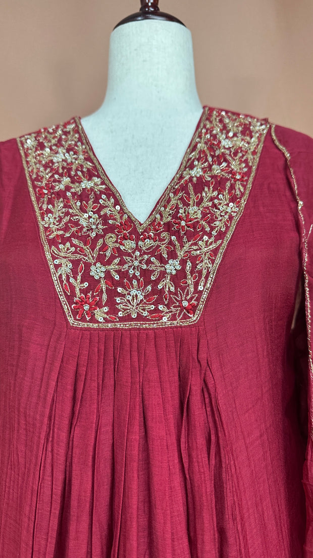 Reddish Maroon Chanderi silk kurti set with hand embroideri