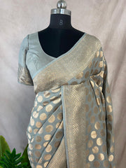 Grey Pure tussar silk saree eith stitched blouse