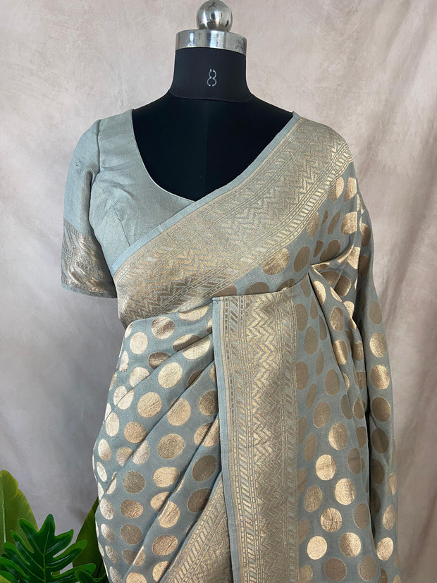 Grey Pure tussar silk saree eith stitched blouse