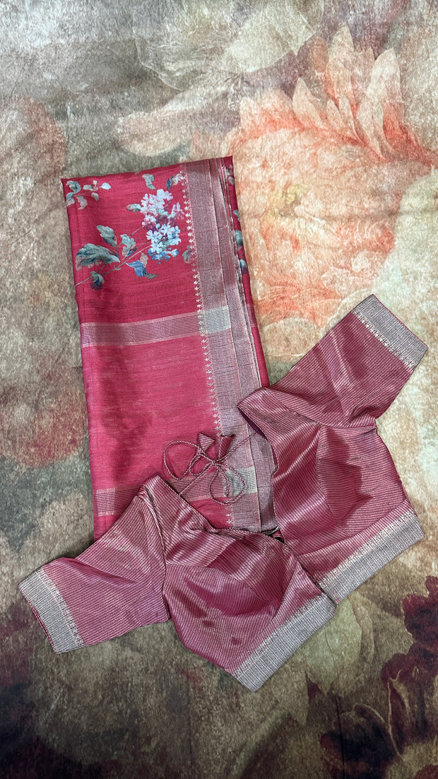 Brick red floral printed semi tussar silk saree with stitched blouse