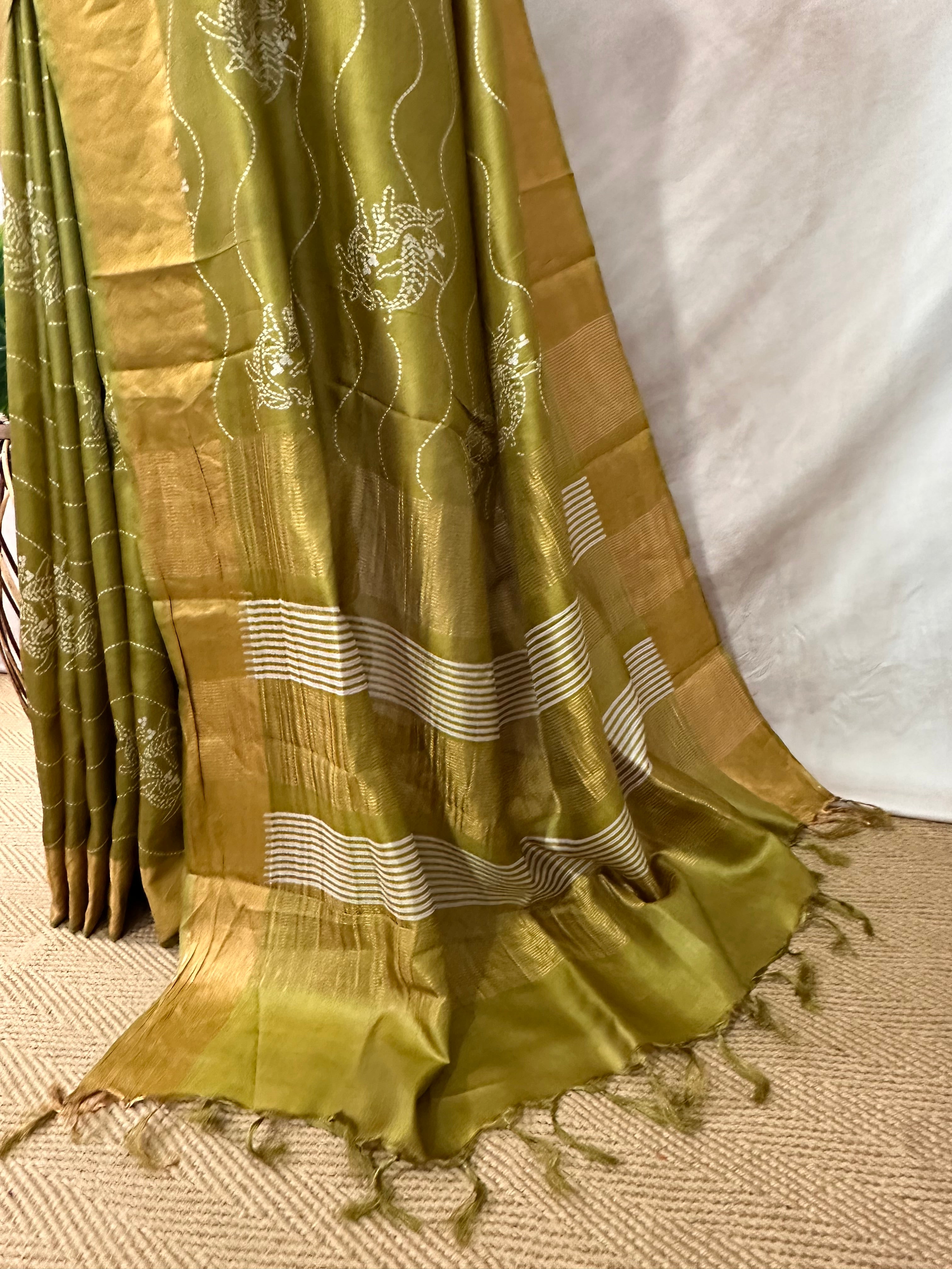 Printed tussar pure silk saree with stitched blouse