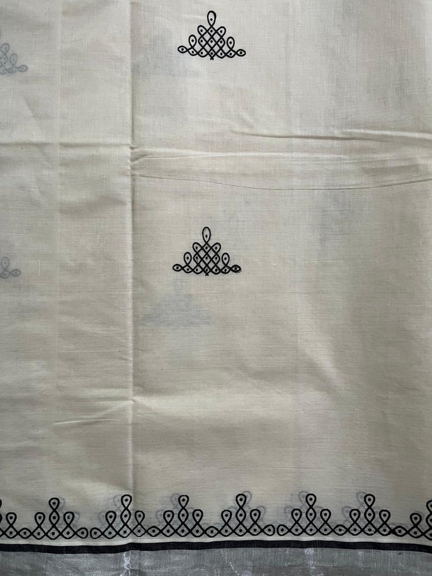 Cotton set saree with kolam print