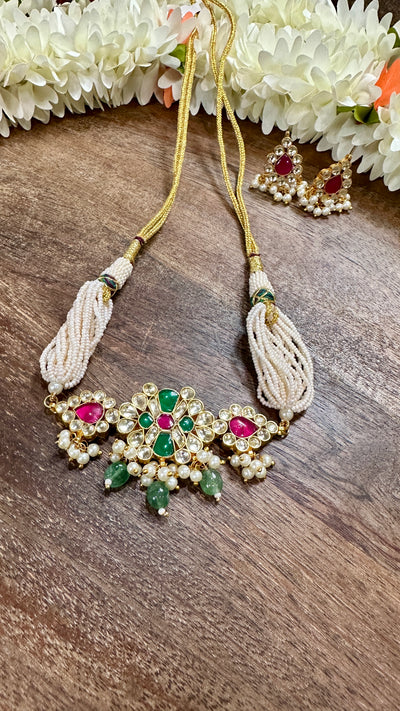 Green and pink colcor kundan choker with earring