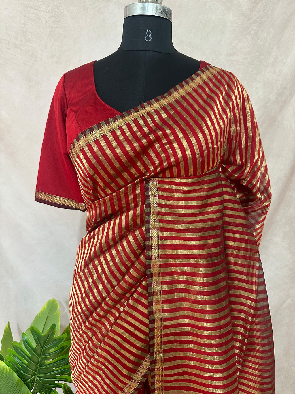 Maheshwari tissue silk saree with stripe and stitched blouse