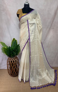 Mauve purple 120 count mulcotton saree with zari lines