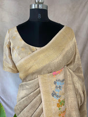 Beige tussar brocade saree with meenakari weave, stitched blluse