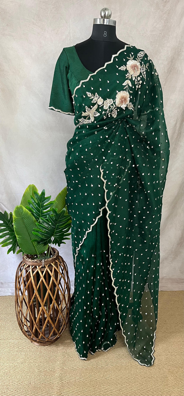 Bottle green Organza silk saree with 3D embroidery , with stitched blouse