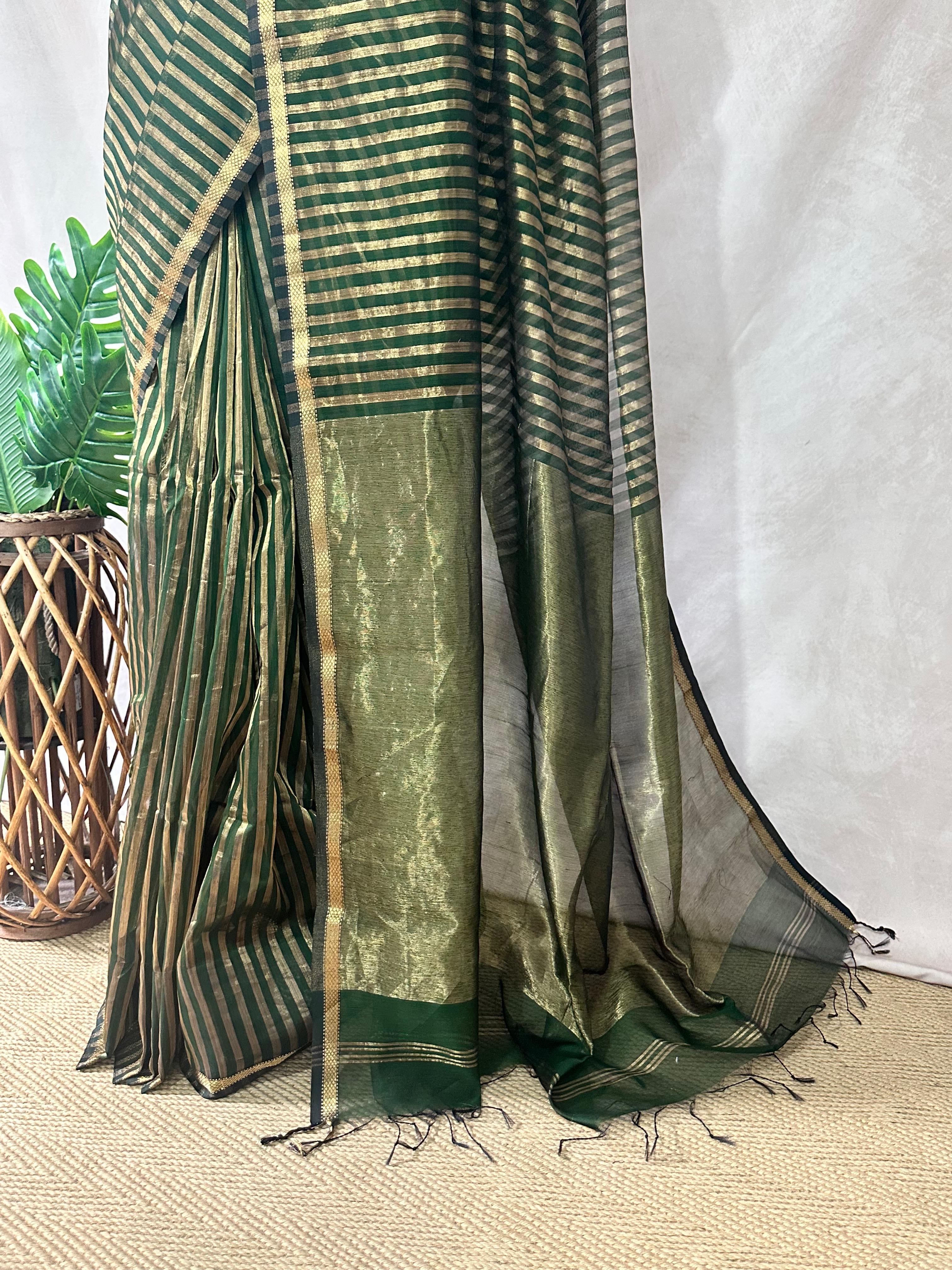 Maheshwari tissue silk saree with stripe and stitched blouse