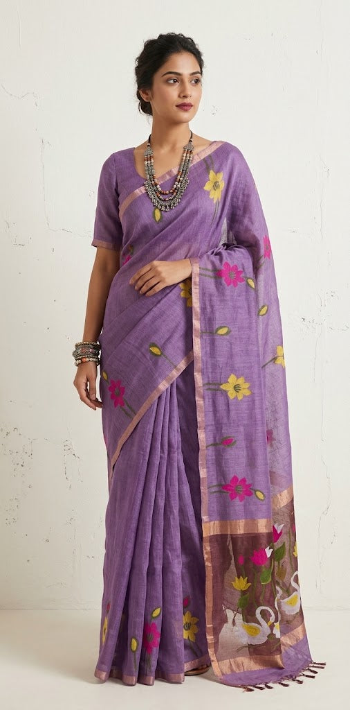 Pure silk linen saree with jamdani weave and stitched blouse