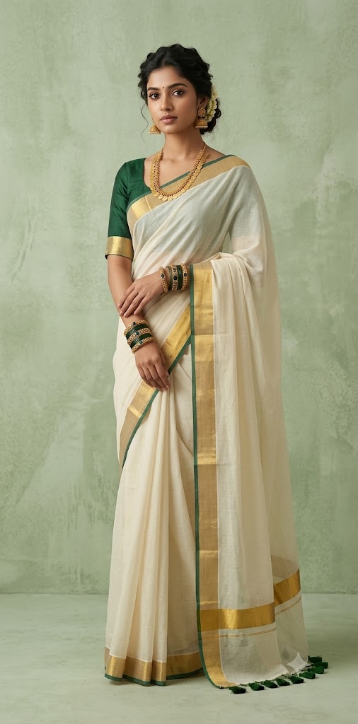 Green and gold border 120 mulcotton saree