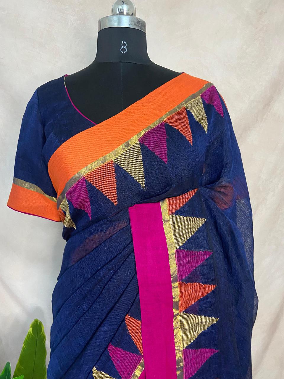 Linen temple border jamdani with stitched blouse