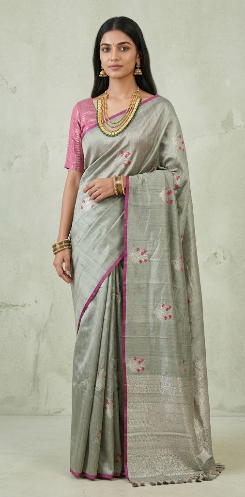 Light green designer raw silk saree with stitched blouse