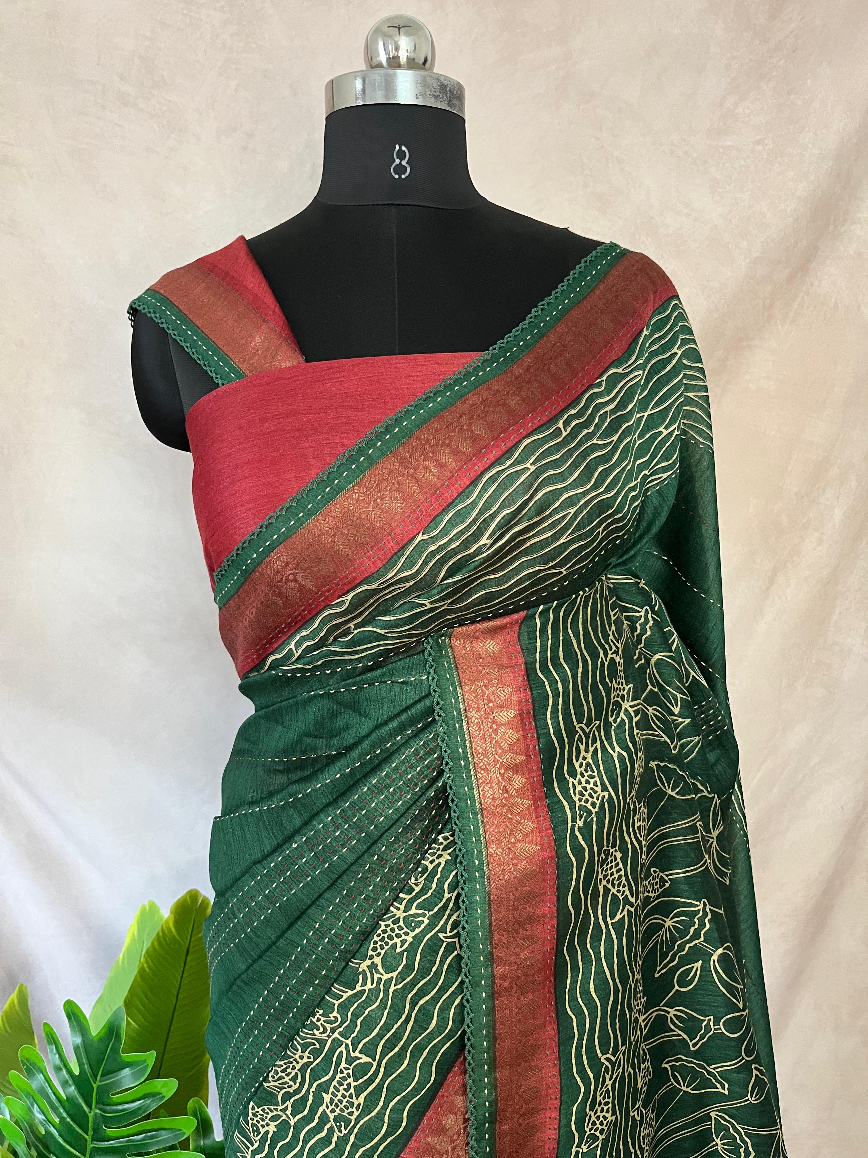 Green and red blended tussar silk saree with kantha work on border, includes BP