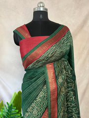 Green and red tussar silk saree with kantha work on border, includes BP