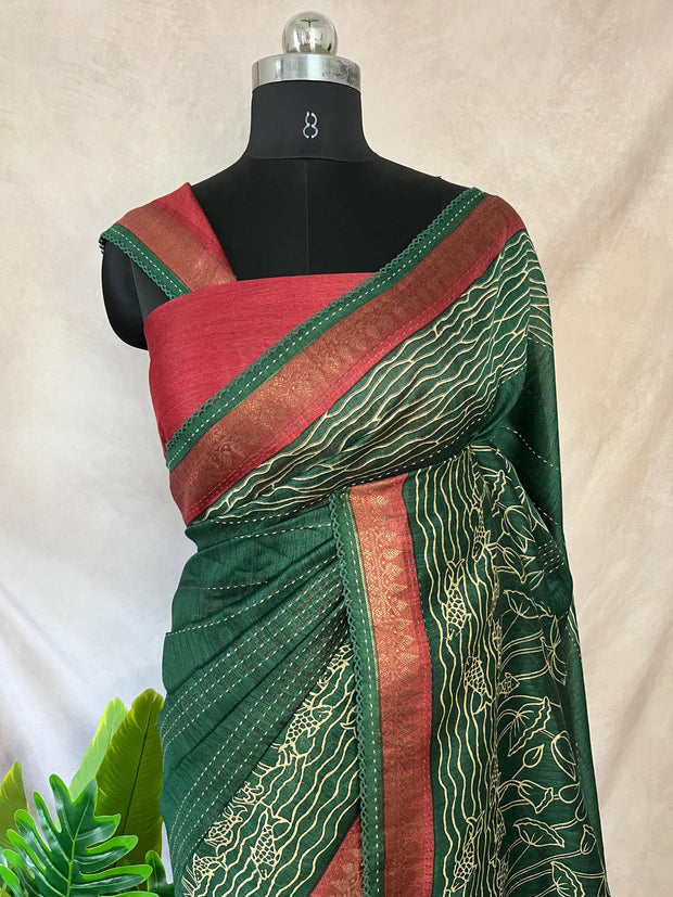Green and red tussar silk saree with kantha work on border, includes BP