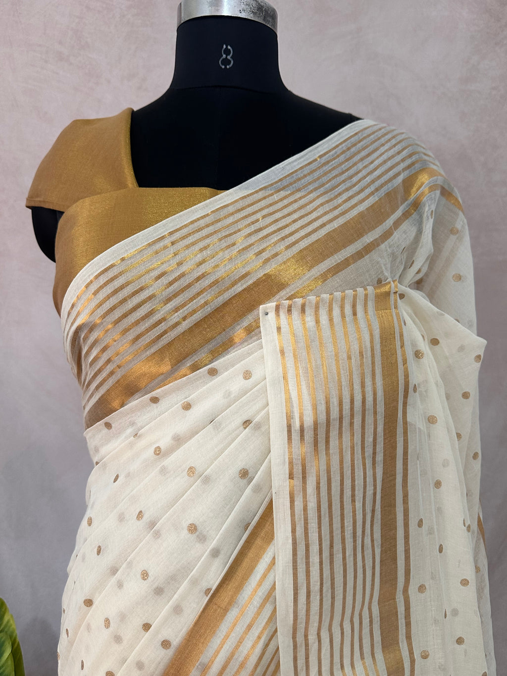 Small polka dot printed 120 count mulcotton saree
