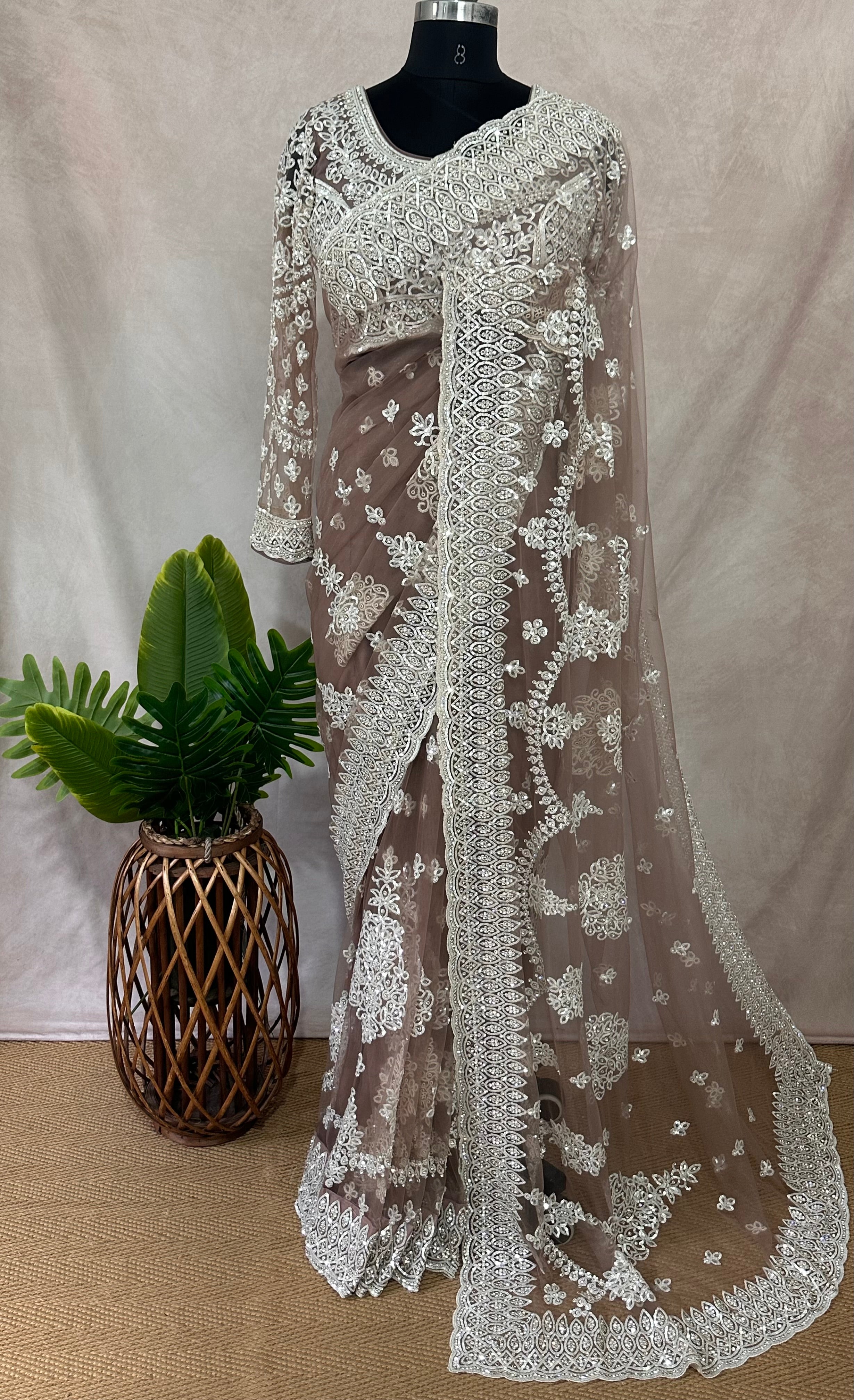 Heavy Embroidered Net Saree with stitched blouse and under skirt