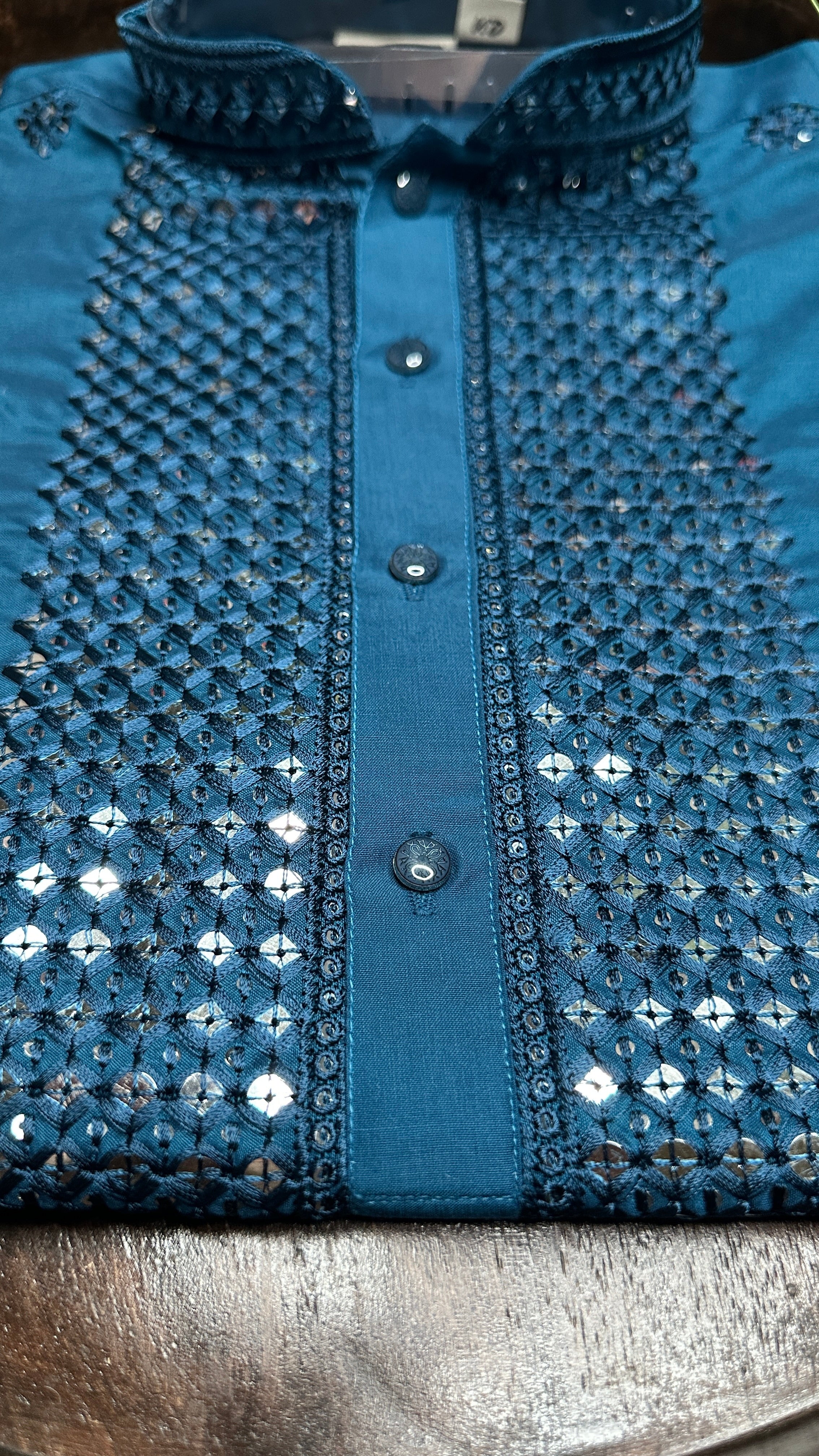 Peacock blue silk kurta with mirror work - 40