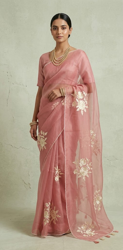 Dusty pink organza saree with thred embroidery and stitched blouse