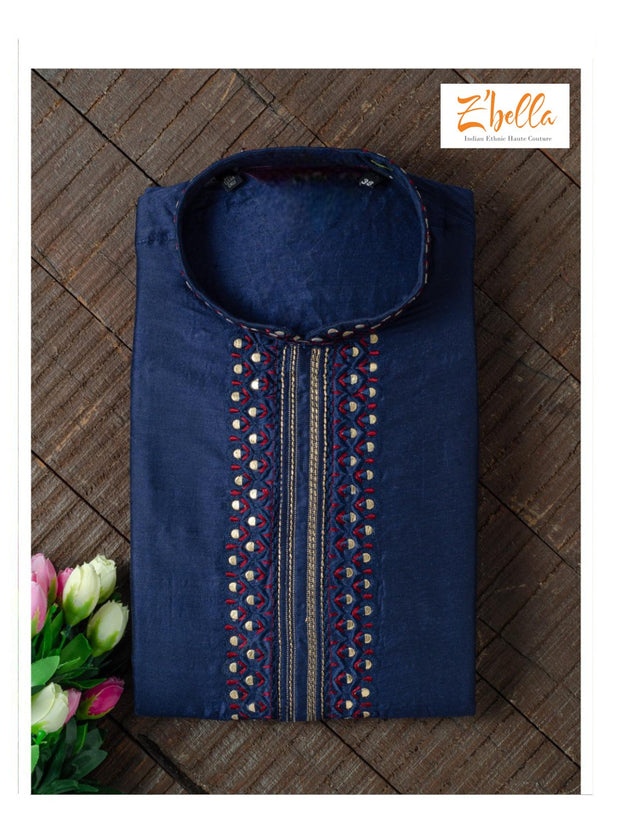 Blue kurta with embroidery on the neck, with bottom