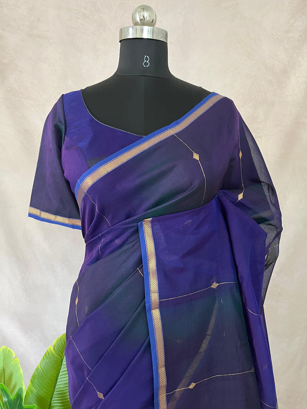 Purple double shaded Maheswari silk cotton saree with stitched blouse