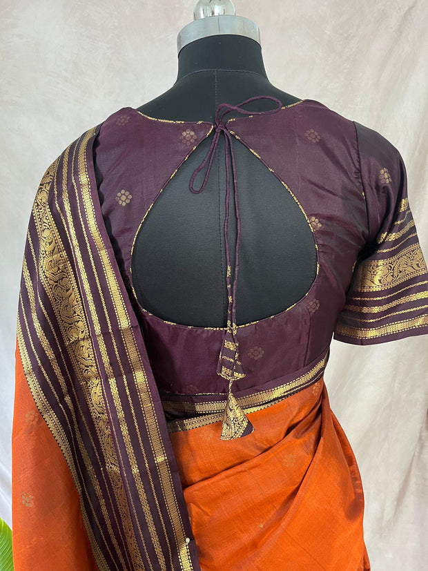 Orange and brown combo kanchivaram silk saree with stitched blouse