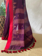 Win red handloon cotton saree with temple border, with BP
