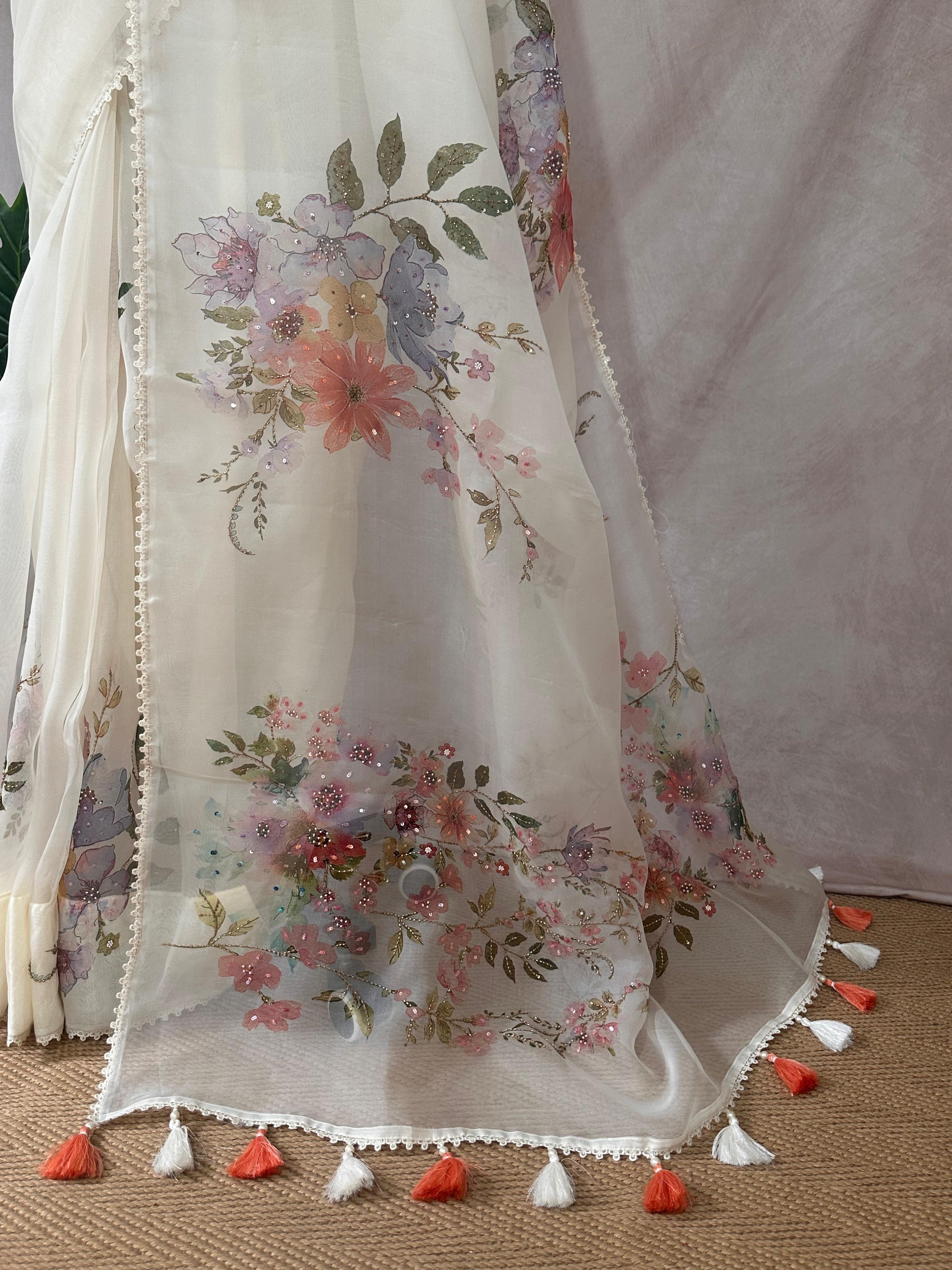 Silk organza saree with digital print and highlighted with bead work, with BP