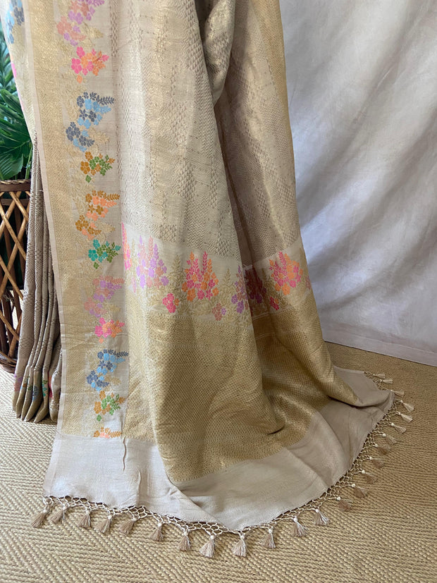 Beige tussar brocade saree with meenakari weave, stitched blluse