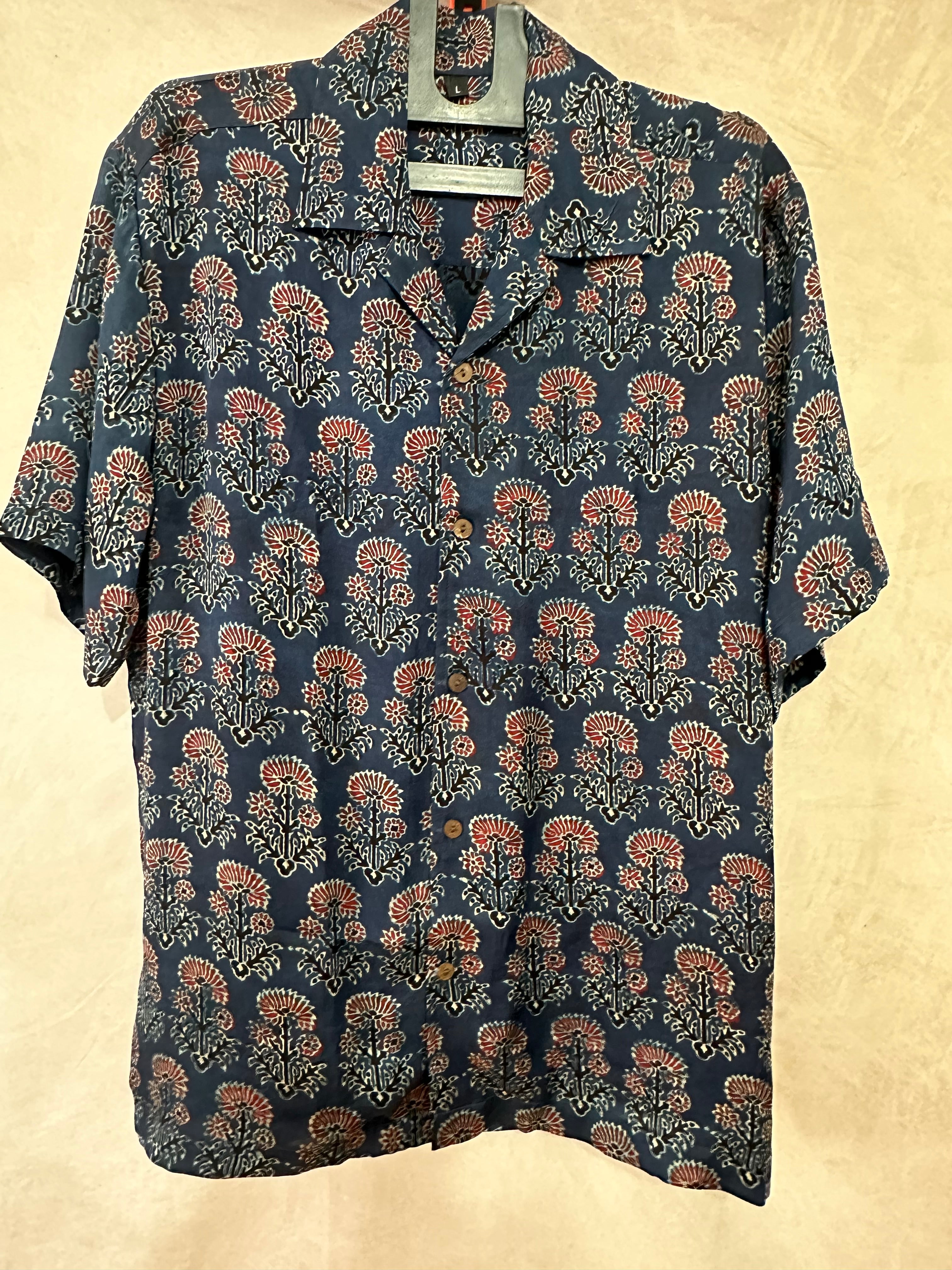 Ajrakh handblock printed Cuban colar shirts in pure modal silk