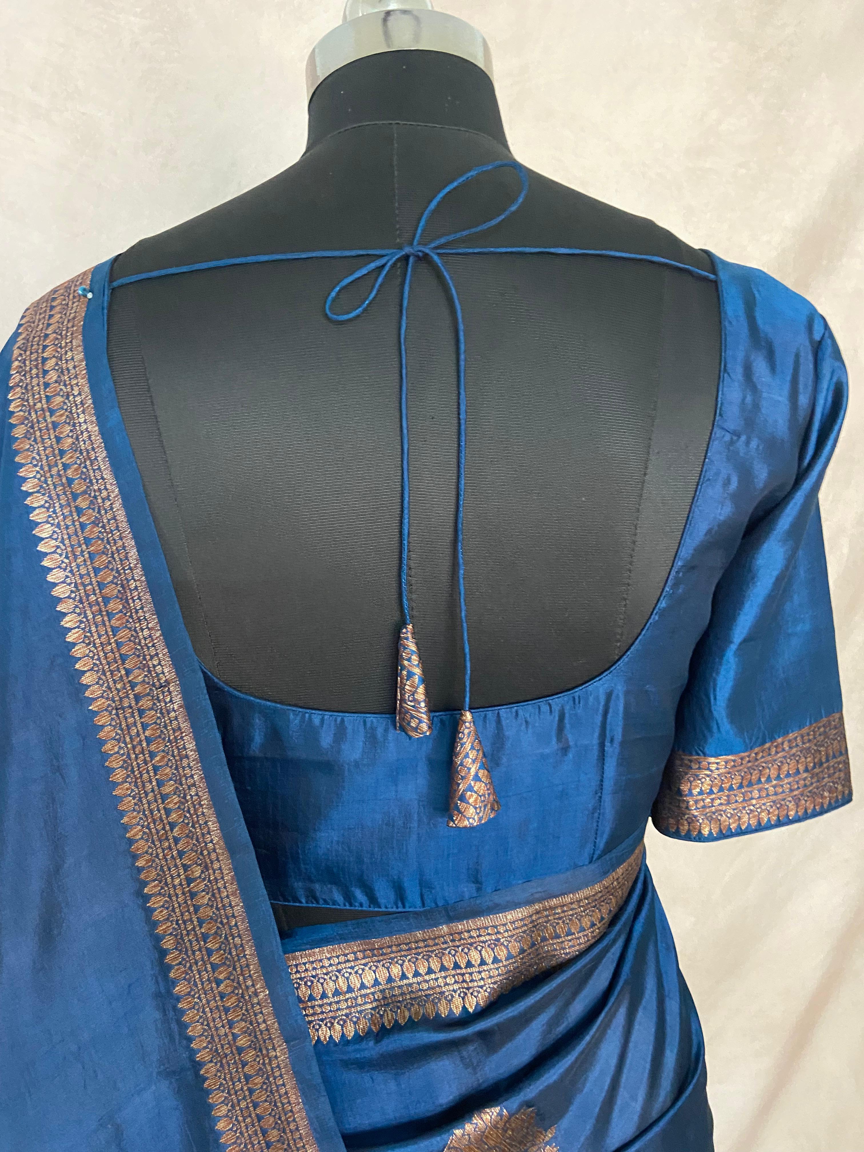 Peacock blue Pure tussar banarasi silk saree, with stitched blouse