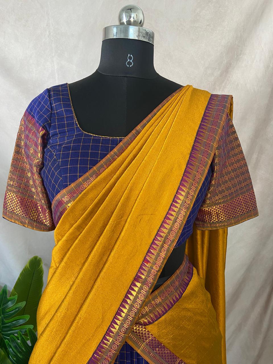 Navy blue narayenpettu cotton silk dhavani