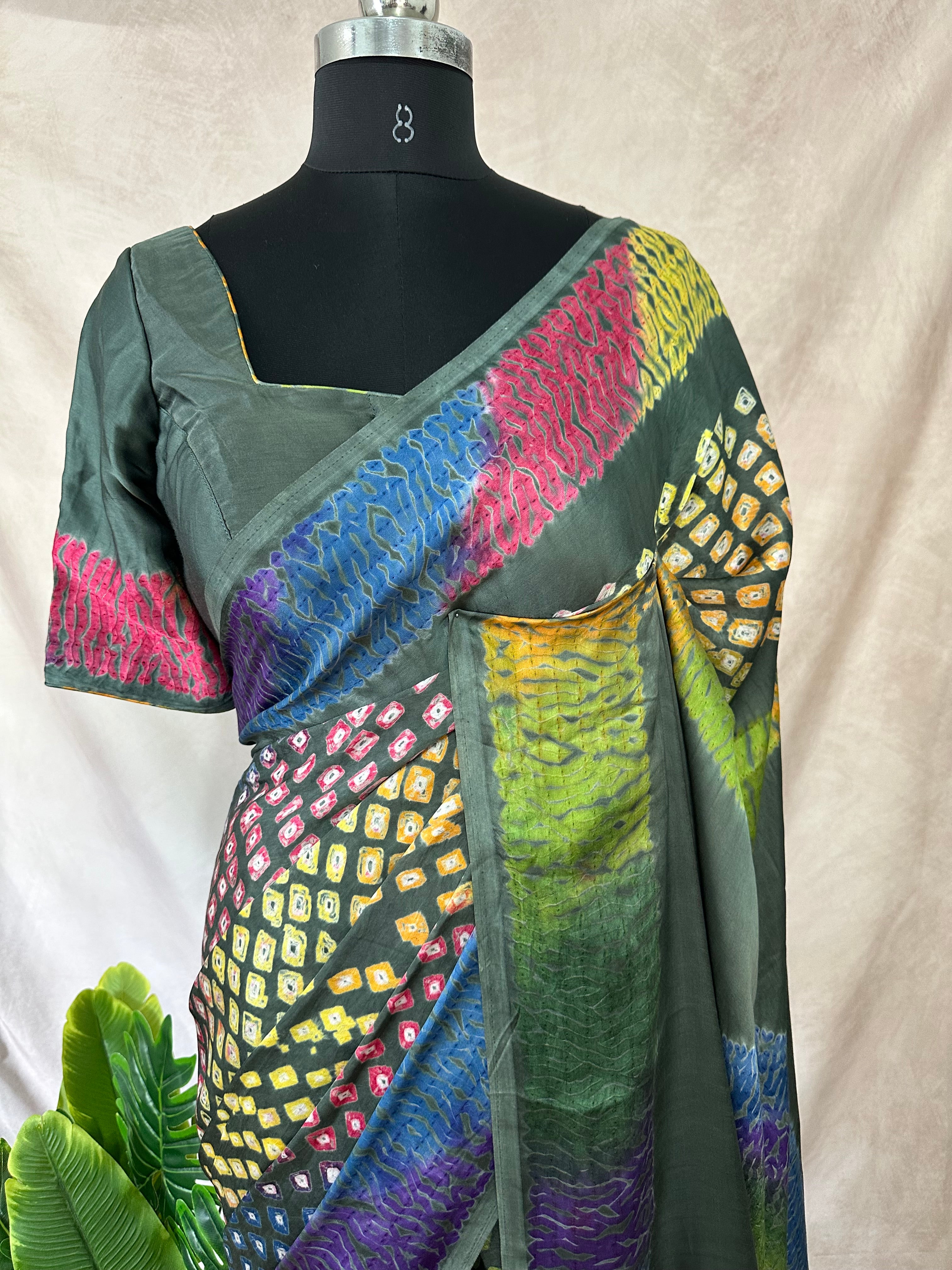 Olive green modal silk with bandhini and shibori work, stitched blouse
