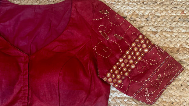 Red patch work blouse with kantha work