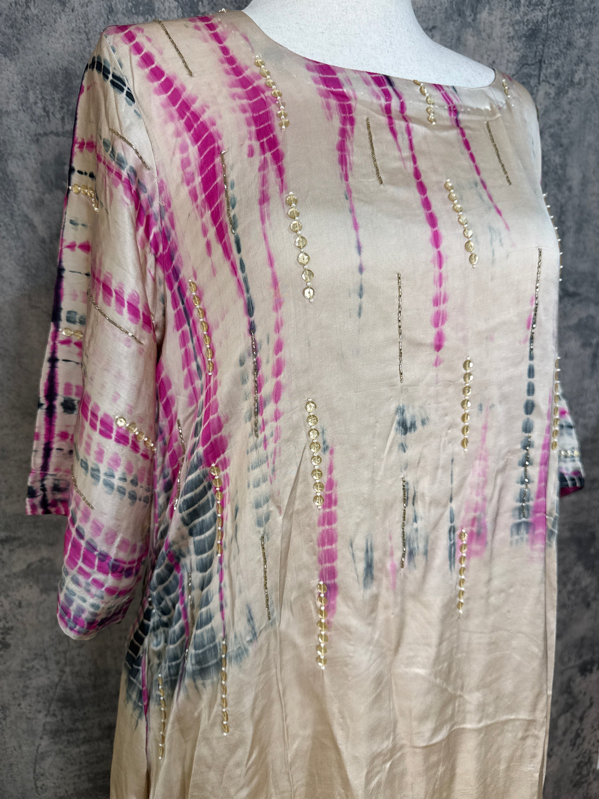 Modal silk shibori designer kurti with handwork and bottom