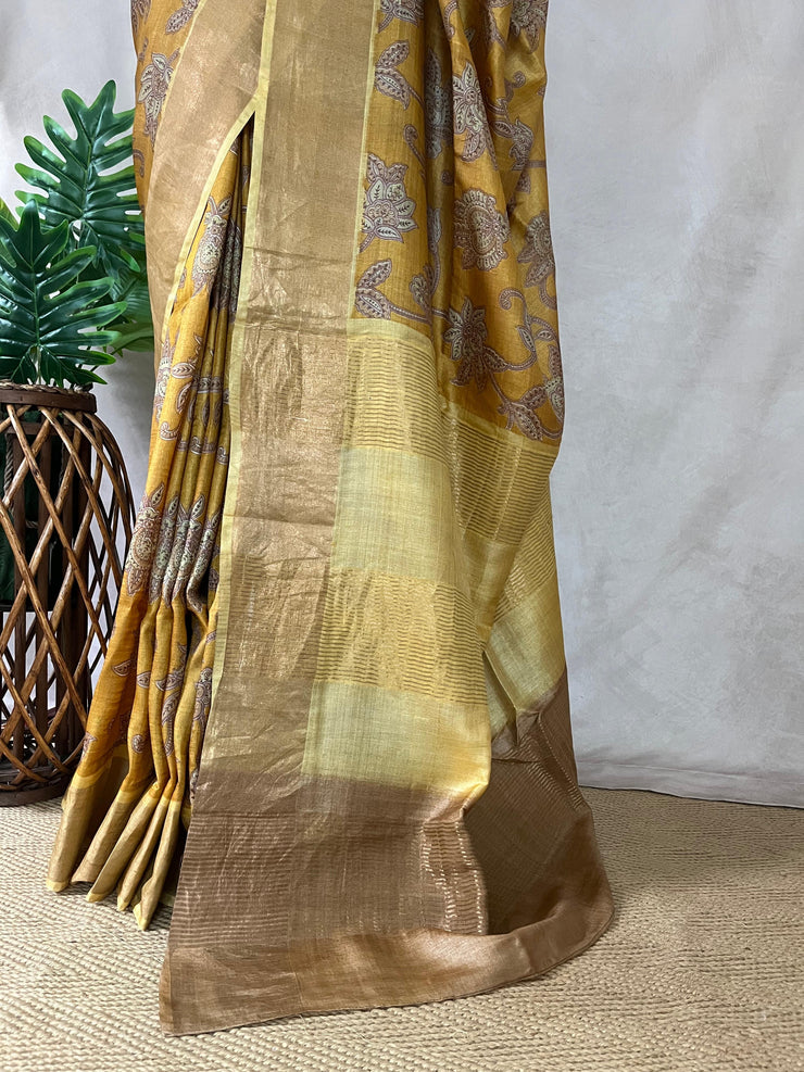 Pure printed tussar silk saree with stitched blouse