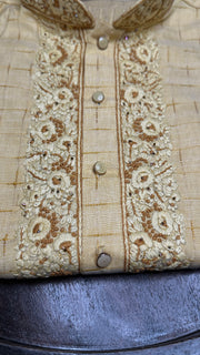 Light yellow cotton silk kurta with hand embroidery - 40