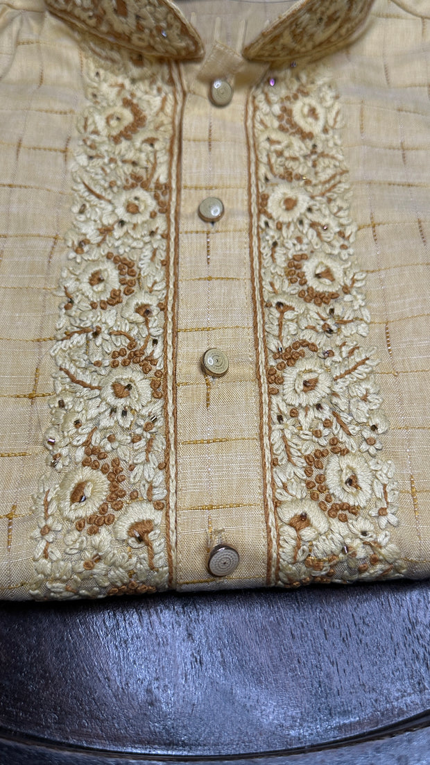 Light yellow cotton silk kurta with hand embroidery - 40