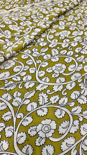 Olive green Kalamkari printed silk saree, with designer long blouse