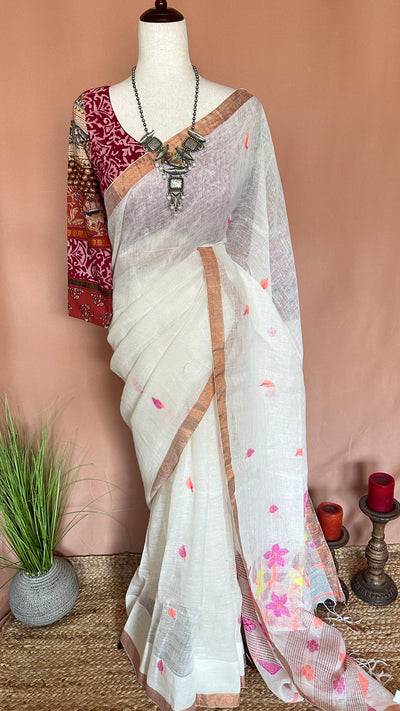 White  tissue linen saree with jamdani weave, with BP
