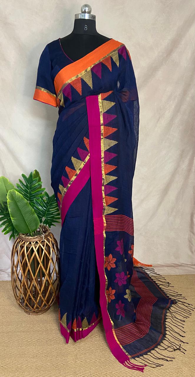 Linen temple border jamdani with stitched blouse