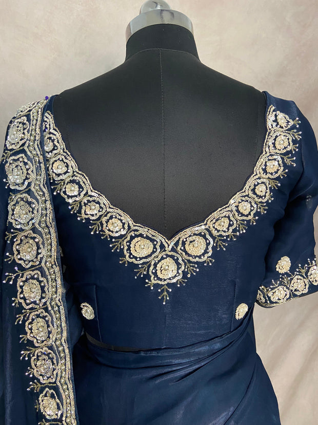 Navy Blue organza saree with Stiched blouse