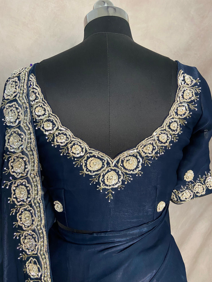 Navy Blue organza saree with Stiched blouse