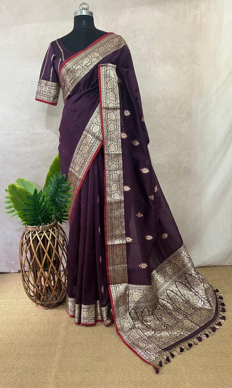 Banarsi cotton silk handloom saree with stitched blouse