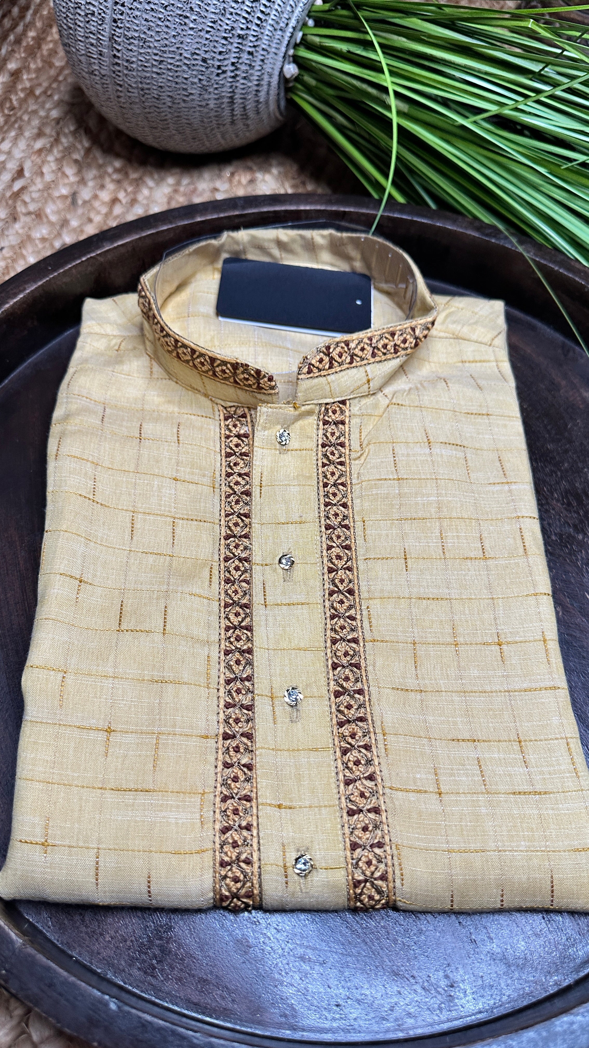 Light yellow cotton silk kurta with hand embroidery - 40