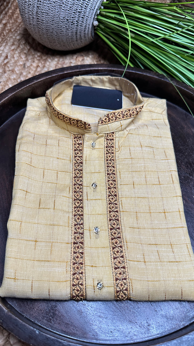 Light yellow cotton silk kurta with hand embroidery - 38