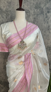 White chanderi pure silk saree with pink border, stitched blouse