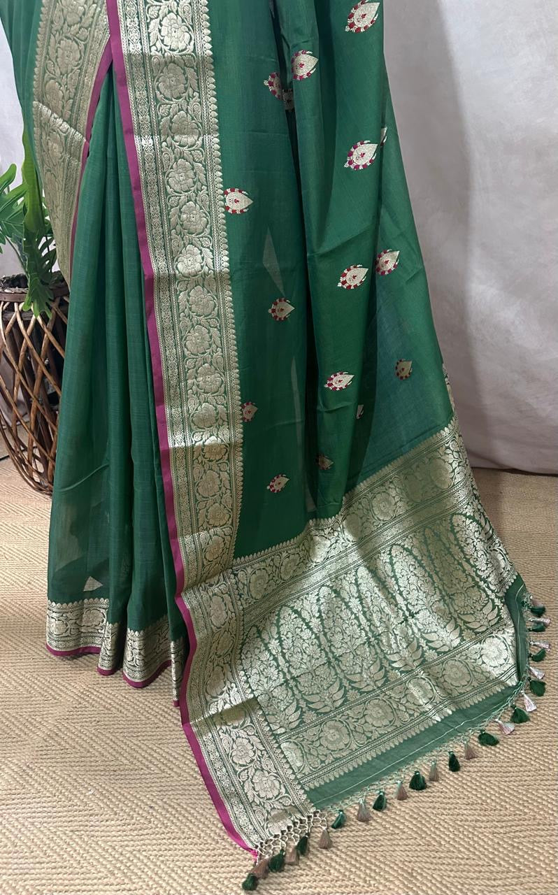 Banarsi cotton silk handloom saree with stitched blouse
